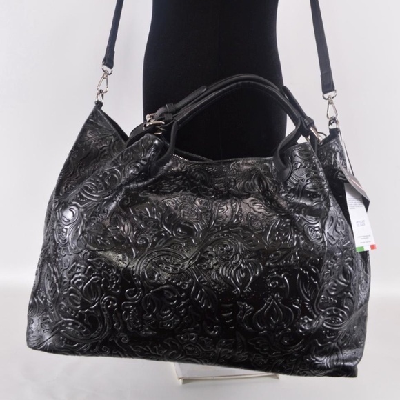 Black leather oversized handbag, tote bag, overnight   Made In Italy NWT - Picture 2 of 16